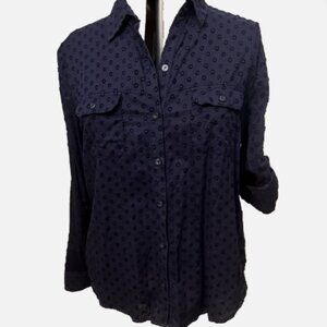 New York & Co. Sz XL. Navy Blue. Dotted Swiss. Cotton. Roll Tab Cuffs. AL